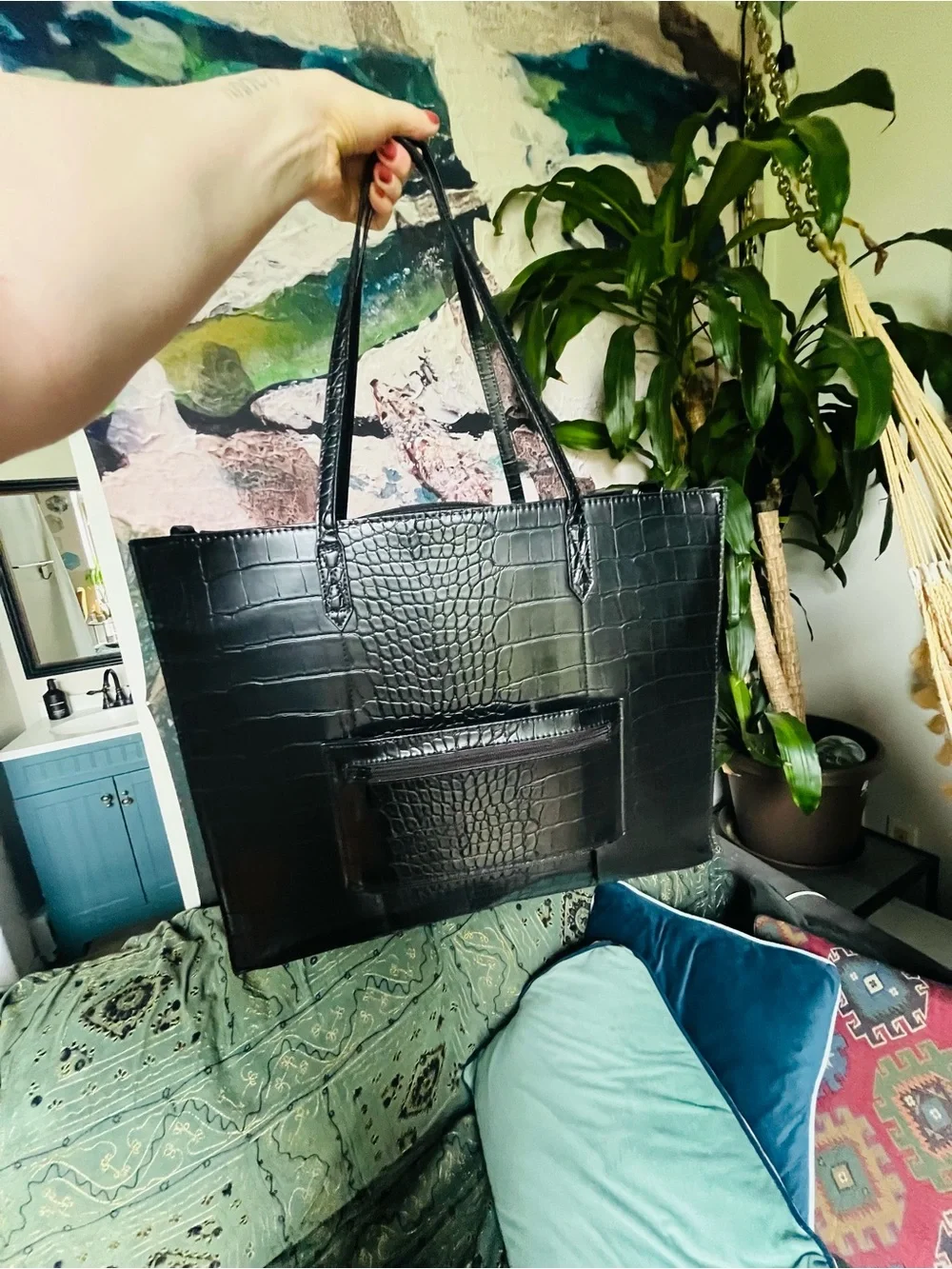 BEIS Large Black Croc-Embossed Laptop Tote